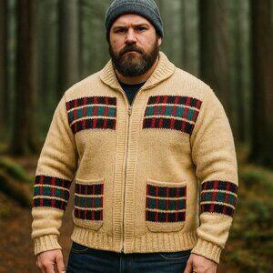 Vintage Cowichan Knit Style Multicolored Zip Up Sweater